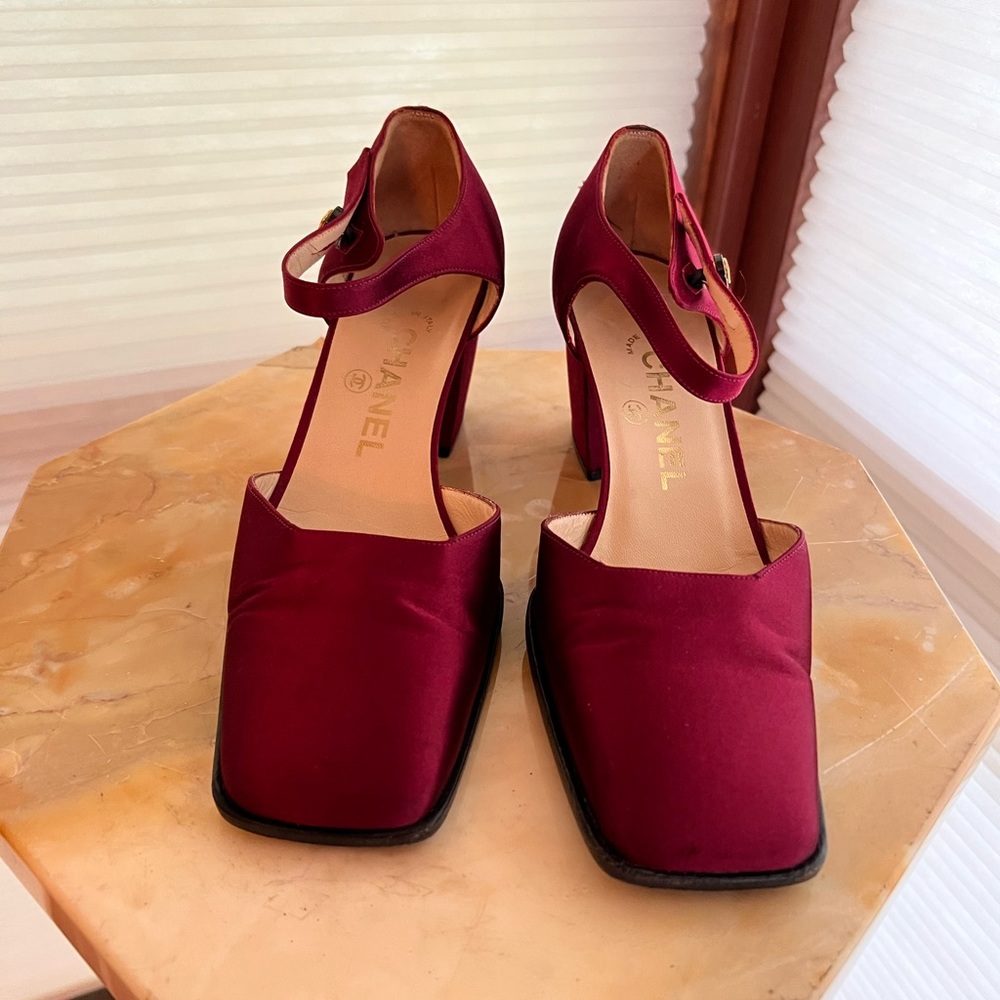 CHANEL Red Wine Square Toe Satin Pumps Size 6